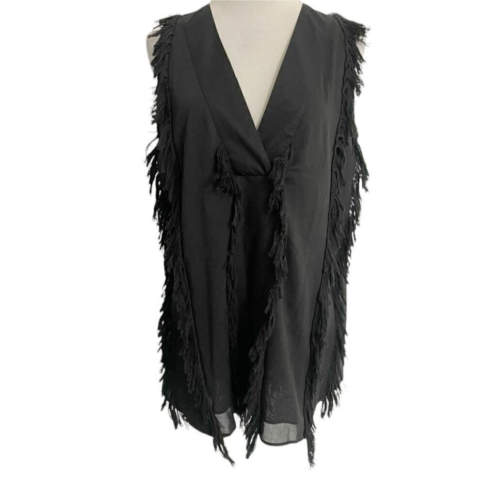 Derek Lam 10 Crosby Size 6  Top Blouse Sleeveless Vest Fringe Black